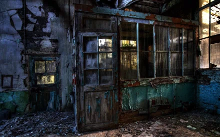 A haunting post-apocalyptic scene featuring a weathered wooden door and shattered windows, set in a dilapidated, overgrown interior—an evocative sci-fi wallpaper for any desktop.