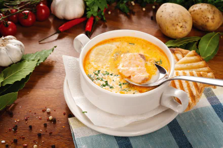 HD desktop wallpaper of a vibrant still life featuring a bowl of creamy soup garnished with herbs, surrounded by fresh garlic, potatoes, chili, and toasted bread.