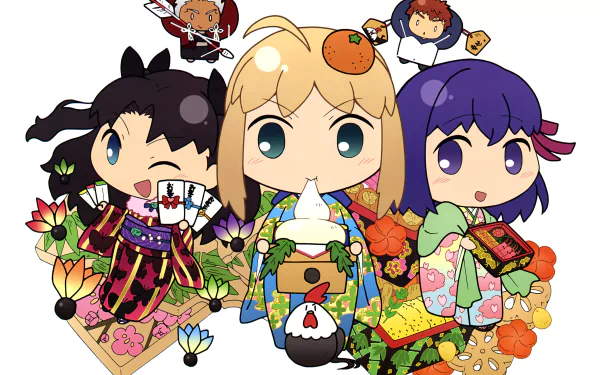 Chibi Rin Tohsaka, Saber, Sakura Matou with mini Shirou Emiya and Archer in colorful kimonos amid flowers — anime Fate/Stay Night 4K Ultra HD PC desktop wallpaper.