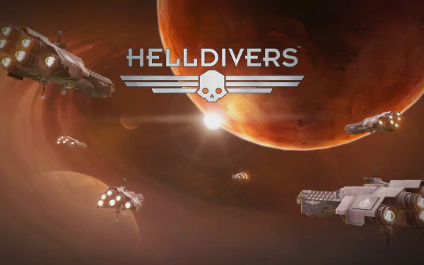 HD wallpaper of Helldivers featuring spaceships in orbit around a red planet with the game's logo prominently displayed.