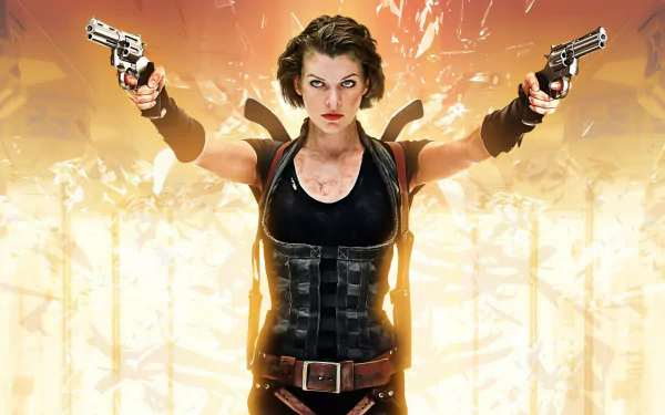 HD desktop wallpaper featuring Milla Jovovich as Alice from the movie Resident Evil: Afterlife, standing confidently with two guns, against a background of fiery explosions.