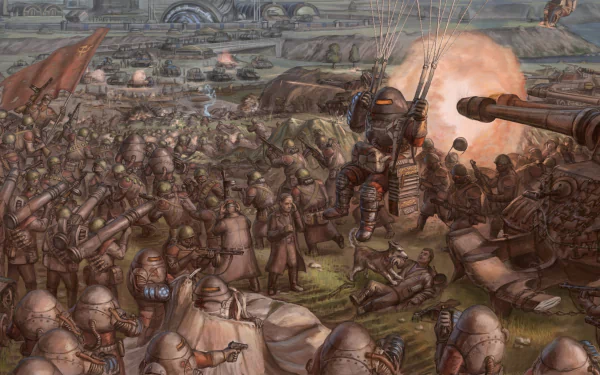 HD desktop wallpaper of an army battlefield scene from the video game Command & Conquer: Red Alert 2, featuring soldiers, tanks, and intense combat action.