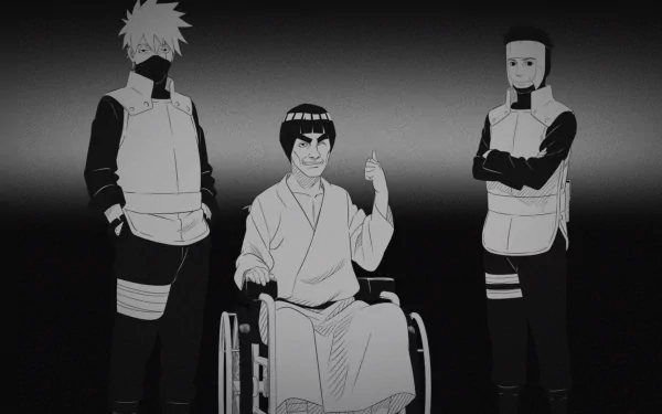 HD desktop wallpaper featuring Might Guy in a wheelchair, flanked by Yamato and Kakashi Hatake from the anime series Naruto and Boruto. The background is a dark gradient, adding a dramatic effect.