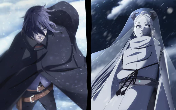 HD anime wallpaper featuring Momoshiki Ōtsutsuki and Sasuke Uchiha from Boruto, set in a snowy, intense scene with dynamic lighting and detailed character designs.