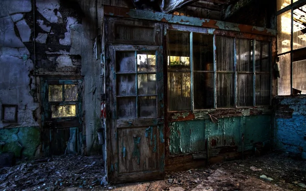 A haunting post-apocalyptic scene featuring a weathered wooden door and shattered windows, set in a dilapidated, overgrown interior—an evocative sci-fi wallpaper for any desktop.