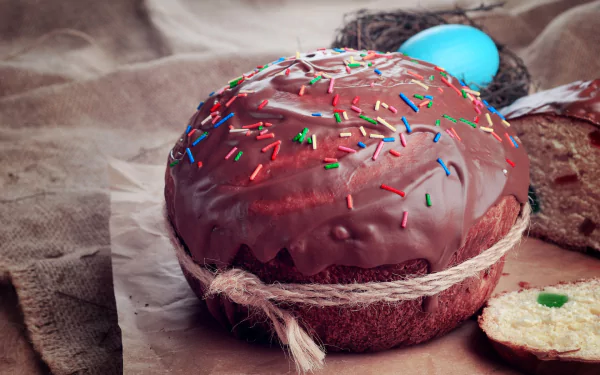 HD desktop wallpaper featuring a chocolate-covered pastry with colorful sprinkles, set on rustic fabric, highlighting rich textures of cake and festive decoration.