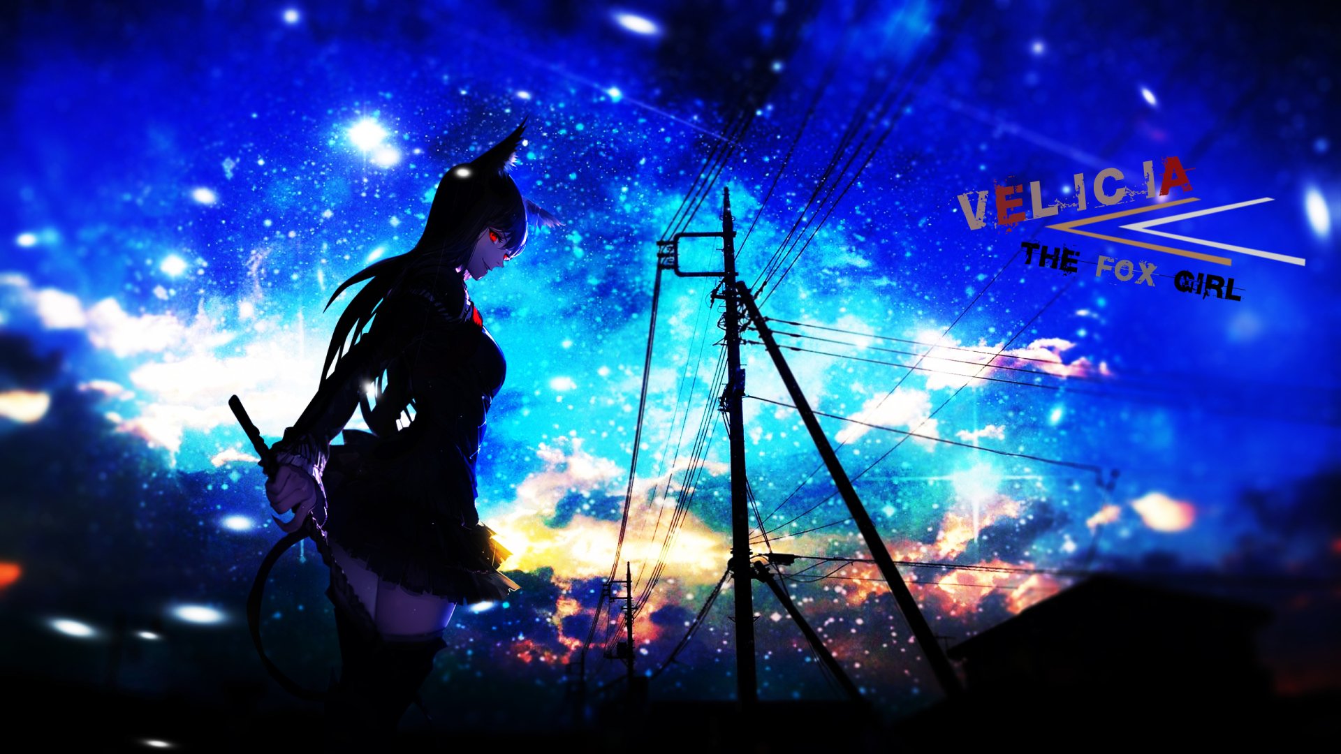 HD anime original wallpaper featuring a silhouetted fox girl standing near power lines against a vibrant, star-filled twilight sky.