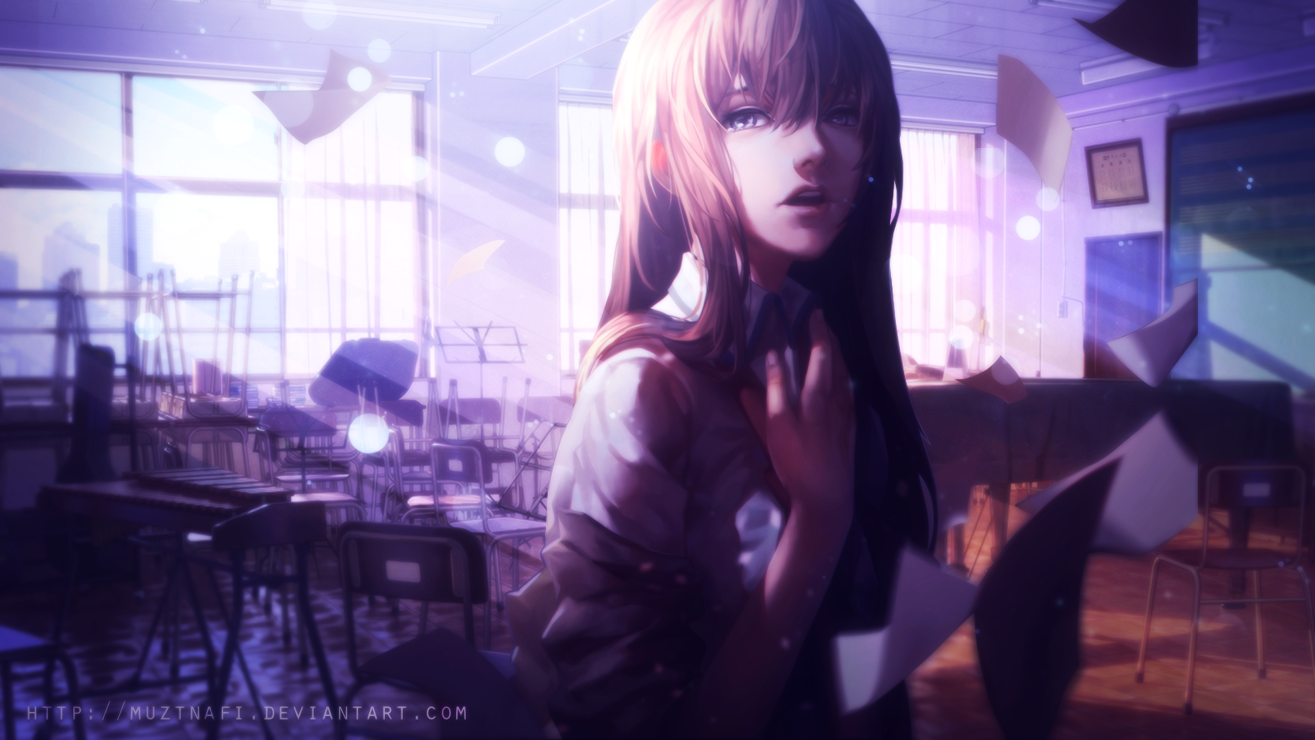 HD desktop wallpaper featuring Kurisu Makise from the anime Steins;Gate, set in a classroom with floating papers and a dreamy, soft light illuminating the scene.