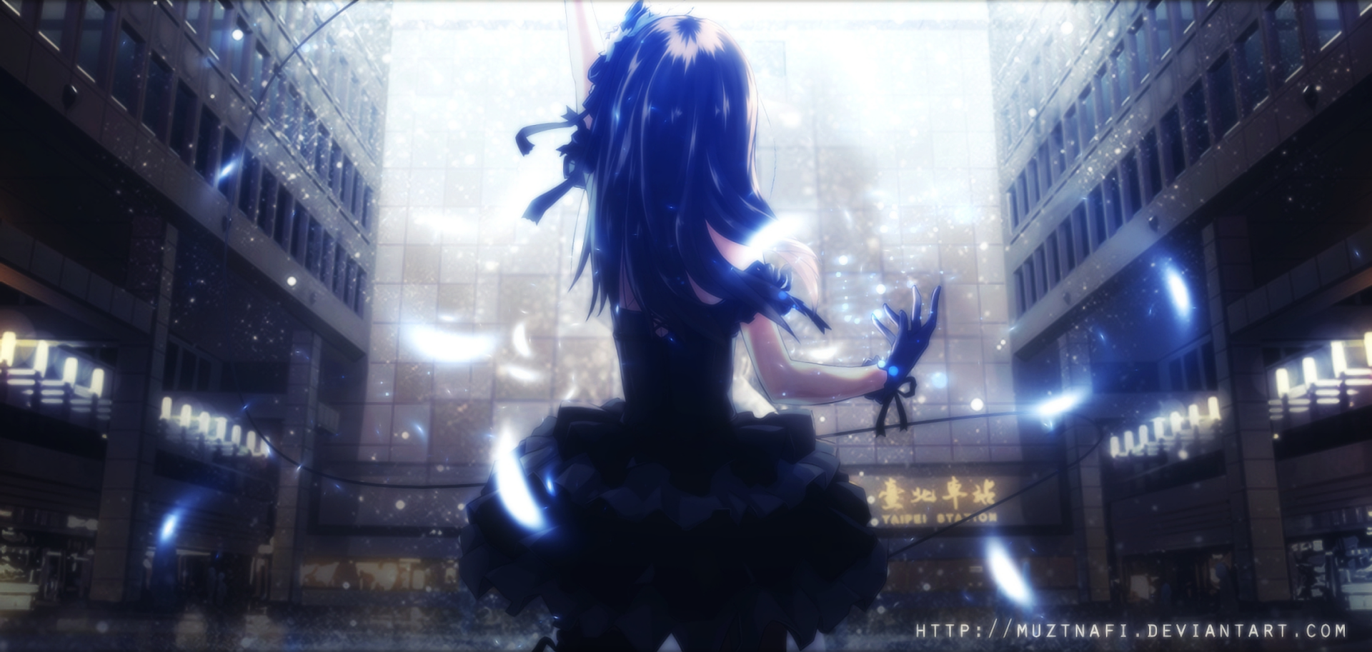 HD PC desktop wallpaper featuring an anime character from The iDOLM@STER Cinderella Girls, shown from behind in a glowing, dramatic stage setting.