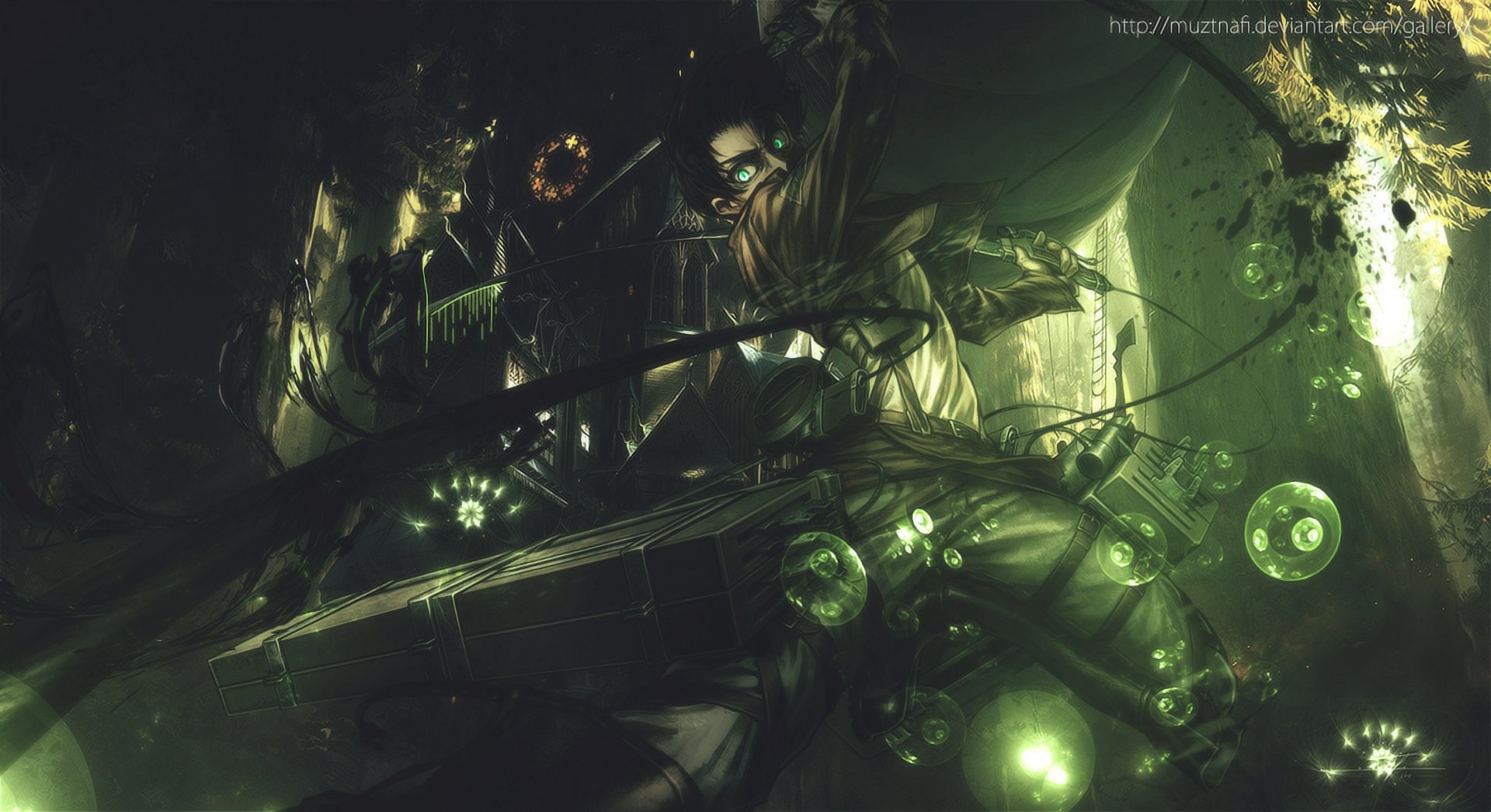A dramatic HD wallpaper featuring Levi Ackerman from the anime Attack on Titan, showcasing a dark and intense background with striking details and atmospheric elements.