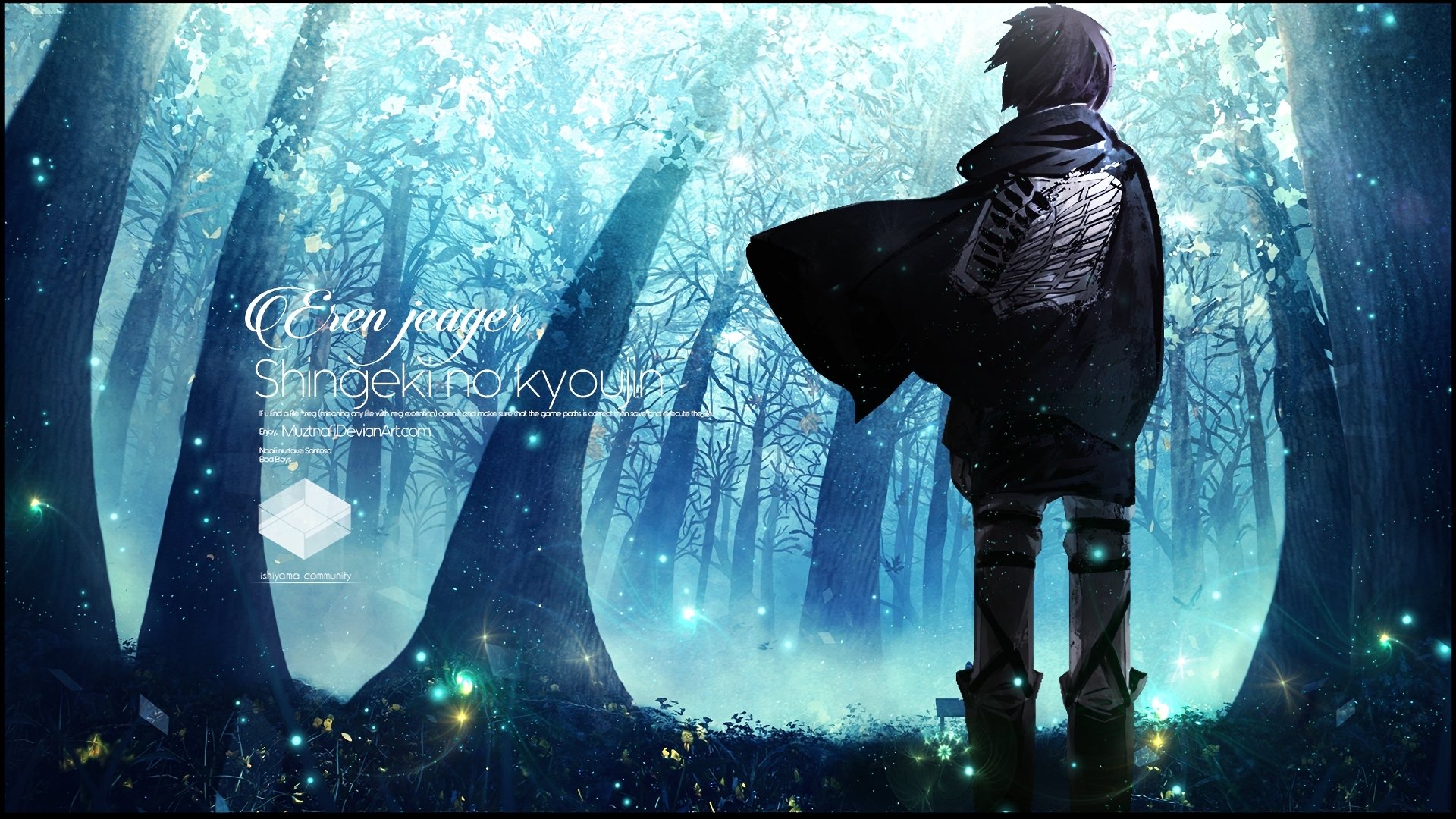 Eren Yeager stands in a mystical forest, illuminated by ethereal lights, capturing the essence of the anime Attack on Titan in this stunning HD wallpaper.