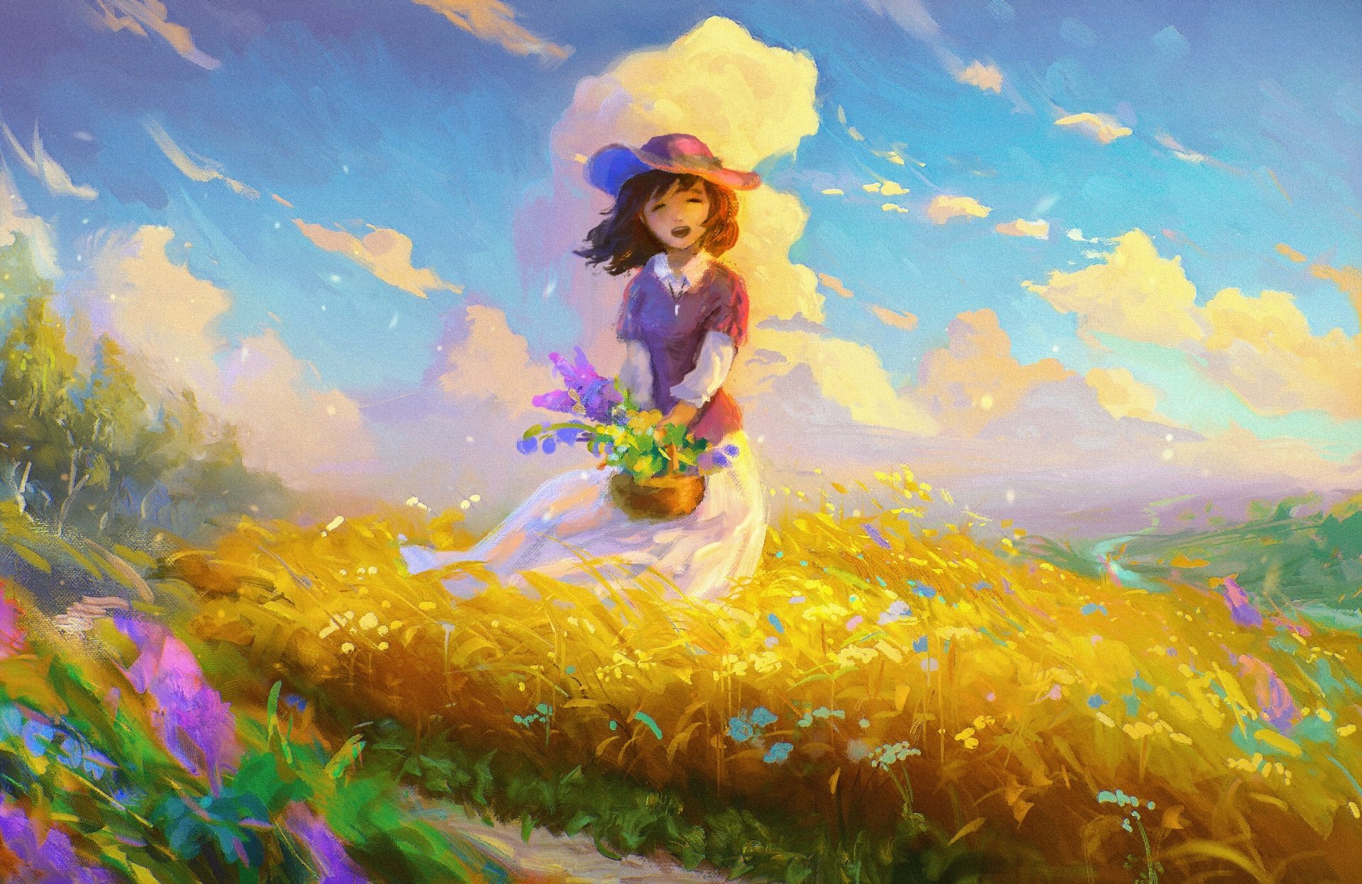 A joyful woman with short hair stands in a vibrant summer field, holding flowers, wearing a hat, as the wind gently sways around her in this colorful, artistic painting.