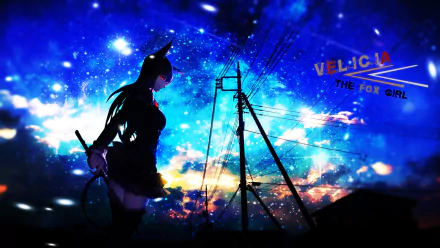 HD anime original wallpaper featuring a silhouetted fox girl standing near power lines against a vibrant, star-filled twilight sky.
