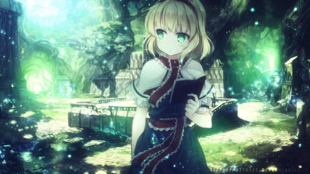 HD anime desktop wallpaper featuring Alice Margatroid from Touhou, standing in a glowing, mystical forest setting with vibrant green and blue hues.