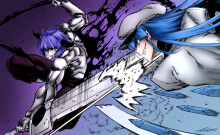 HD PC desktop wallpaper featuring Esdeath and Susanoo from Akame Ga Kill! in dynamic anime action with vibrant purple and blue tones.