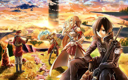 HD desktop wallpaper of Sword Art Online featuring characters from Sword Art Online Alternative: Gun Gale Online, including Kirito (Kazuto Kirigaya), against a stunning sunset landscape.