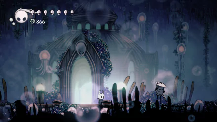 4K Ultra HD wallpaper featuring Quirrel from the video game Hollow Knight, set in a mystical environment with dark, atmospheric tones and intricate background details.