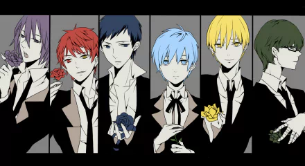 HD desktop wallpaper featuring characters Atsushi Murasakibara, Shintarō Midorima, Tetsuya Kuroko, Ryōta Kise, Daiki Aomine, and Seijūrō Akashi from the anime Kuroko's Basketball, each holding a flower.