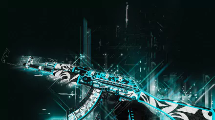 HD wallpaper featuring an AK-47 rifle with a futuristic design from Counter-Strike: Global Offensive, set against a vibrant, dark background.