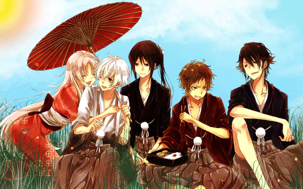 Anime HD PC desktop wallpaper featuring five K Project characters sitting outdoors under a bright sky, with one holding a red umbrella and others enjoying food together.