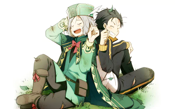 Anime-style HD desktop wallpaper featuring Otto Suwen and Subaru Natsuki from Re:Zero - Starting Life in Another World, sitting back-to-back with cheerful expressions.