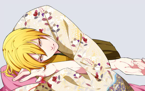 HD desktop wallpaper featuring Ryōta Kise from the anime Kuroko's Basketball, dressed in an ornate kimono with floral patterns, lying down and gazing forward.
