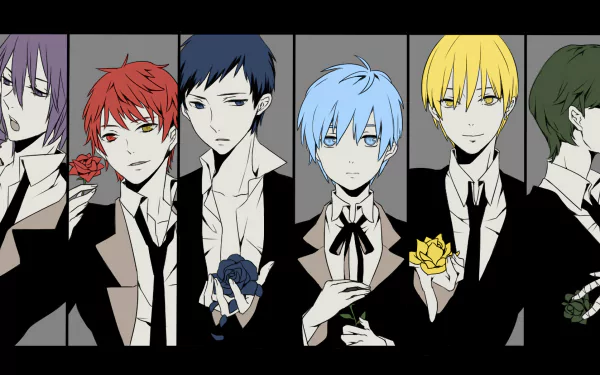 HD desktop wallpaper featuring characters Atsushi Murasakibara, Shintarō Midorima, Tetsuya Kuroko, Ryōta Kise, Daiki Aomine, and Seijūrō Akashi from the anime Kuroko's Basketball, each holding a flower.
