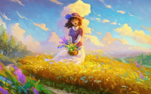 Women Artistic Smile Field Summer Hat Painting Wind Short Hair HD Wallpaper | Background Image