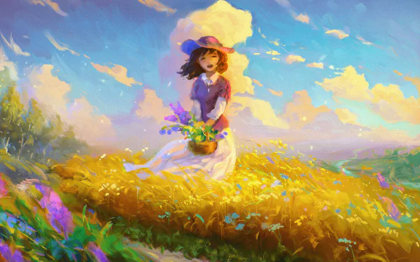 A joyful woman with short hair stands in a vibrant summer field, holding flowers, wearing a hat, as the wind gently sways around her in this colorful, artistic painting.