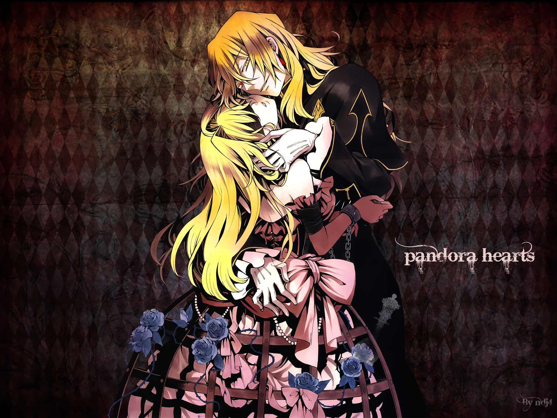 HD PC desktop wallpaper featuring anime characters from Pandora Hearts embracing against a dark, patterned background.