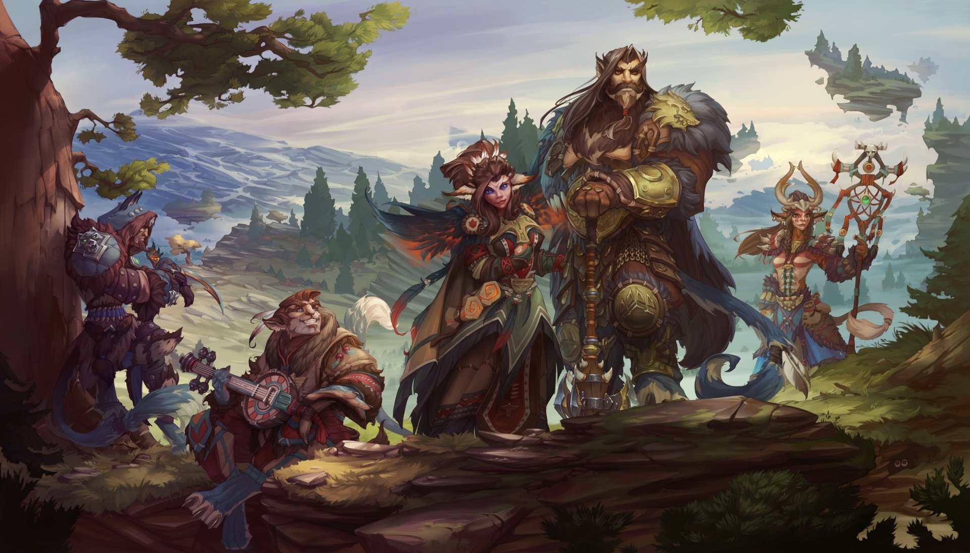 HD PC desktop wallpaper featuring a warrior woman with pointed ears and allies in a fantasy landscape from the video game Allods Online.