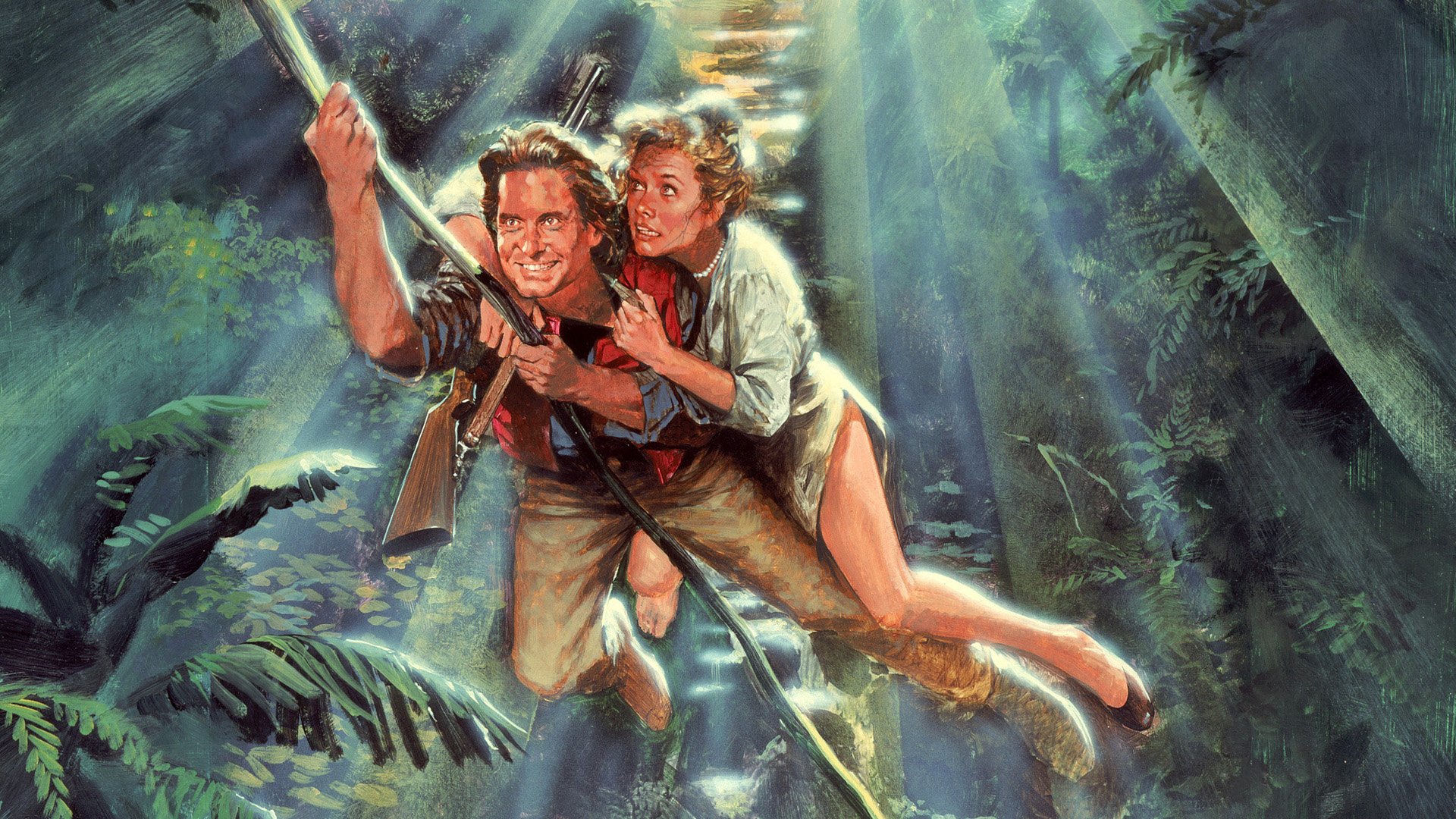 HD PC desktop wallpaper of the movie Romancing the Stone: painted jungle scene showing a man and woman swinging on a vine, sunlight streaming through thick rainforest foliage.