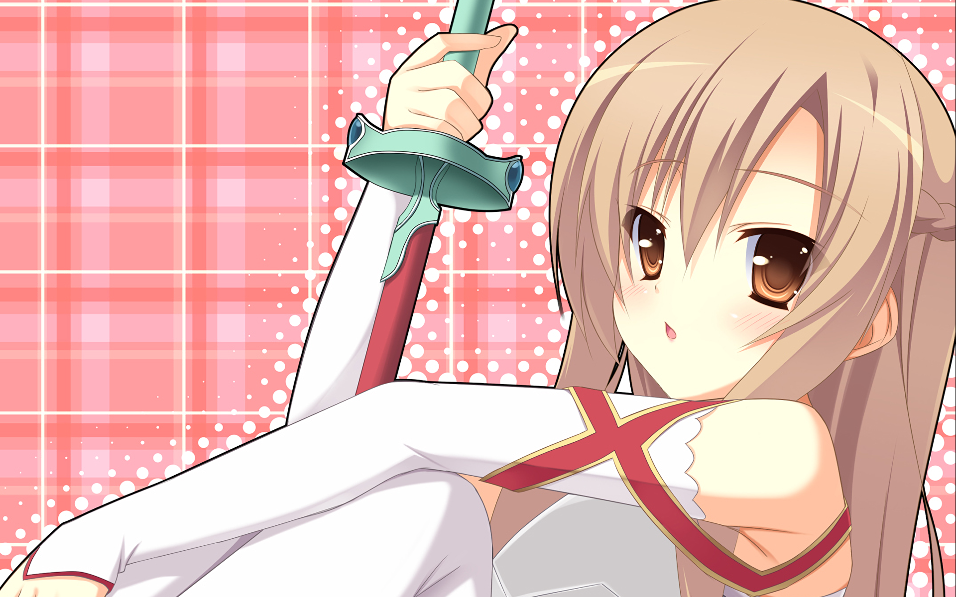 Anime-style HD PC desktop wallpaper featuring a Sword Art Online character with a sword against a pink checkered background.