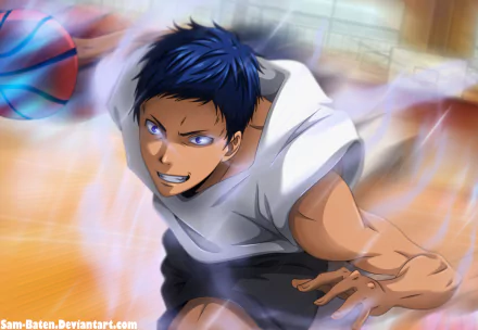 HD desktop wallpaper featuring Daiki Aomine from the anime Kuroko's Basketball, captured in an intense action pose on the court.