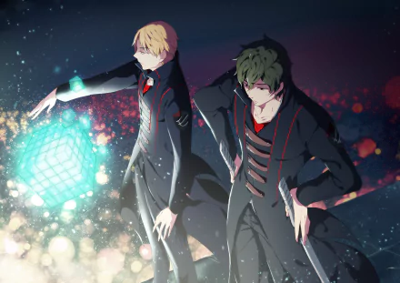 Anime HD desktop wallpaper featuring two characters from World Trigger, one with blonde hair and the other with dark hair, standing against a glowing, abstract background.