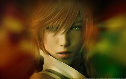 A close-up of Lightning from Final Fantasy XIII, showcasing her striking features against a vibrant, abstract background. This HD wallpaper captures the essence of the iconic video game character.
