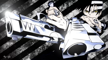 HD PC desktop wallpaper featuring Death the Kid from the anime Soul Eater, holding dual pistols with a dynamic black and white striped background.