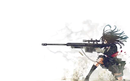 Anime-style original HD PC desktop wallpaper showing a girl with flowing hair aiming a sniper rifle, set against a minimalistic light background with dynamic motion effects.