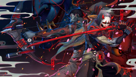 HD desktop wallpaper featuring Genji and Hanzo from Overwatch, highlighting dramatic poses and vivid colors in an action-packed background from the video game.