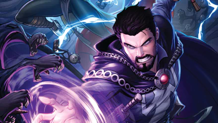 HD PC desktop wallpaper featuring a dynamic comic-style illustration of Doctor Strange casting a powerful spell with vibrant magical effects.