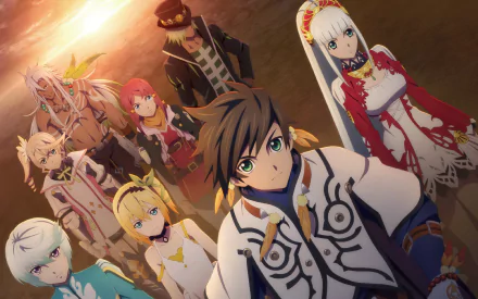 A HD desktop wallpaper featuring characters from Tales of Zestiria the X, including Rose, Dezel, Lailah, Edna, Zaveid, Alisha Diphda, Mikleo, and Sorey, standing together at sunset.