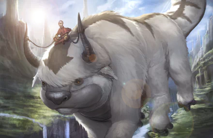 HD wallpaper featuring Appa, the flying bison with yellow eyes, fur, and horns, carrying Aang from Avatar: The Last Airbender in an anime-style scene.