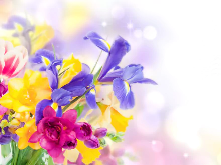 Vibrant bouquet of blue irises with pink and yellow flowers against soft bokeh — man-made floral arrangement, 5K Ultra HD PC desktop wallpaper background.