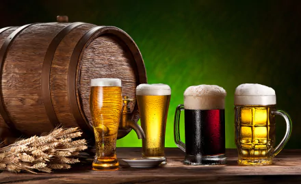 HD wallpaper of various beers in glasses and an oak barrel, accented by wheat stalks, against a vibrant green background. The image exudes a classic bar or brewery ambiance.