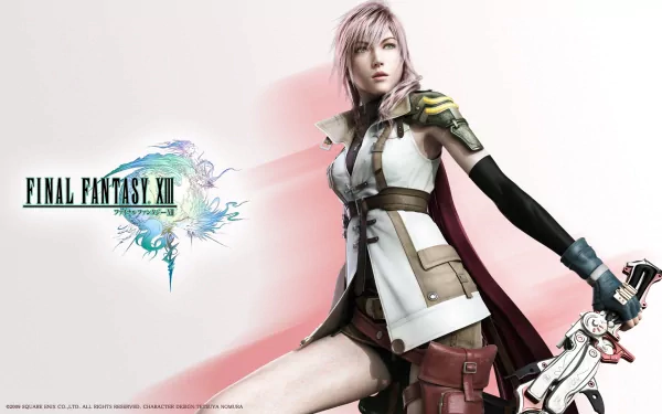 HD wallpaper featuring Claire Farron from Final Fantasy XIII, showcasing her dynamic pose and distinctive outfit against a soft pink background.