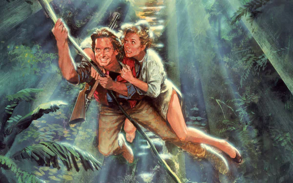 HD PC desktop wallpaper of the movie Romancing the Stone: painted jungle scene showing a man and woman swinging on a vine, sunlight streaming through thick rainforest foliage.