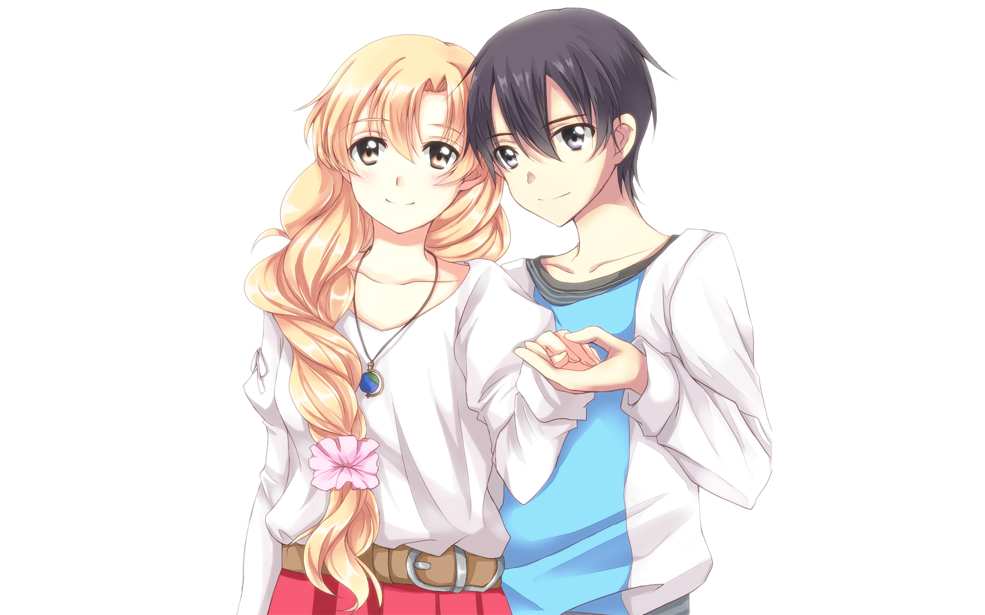 HD desktop wallpaper featuring anime characters Asuna Yuuki and Kazuto Kirigaya (Kirito) from Sword Art Online, with a light, affectionate pose against a white background.