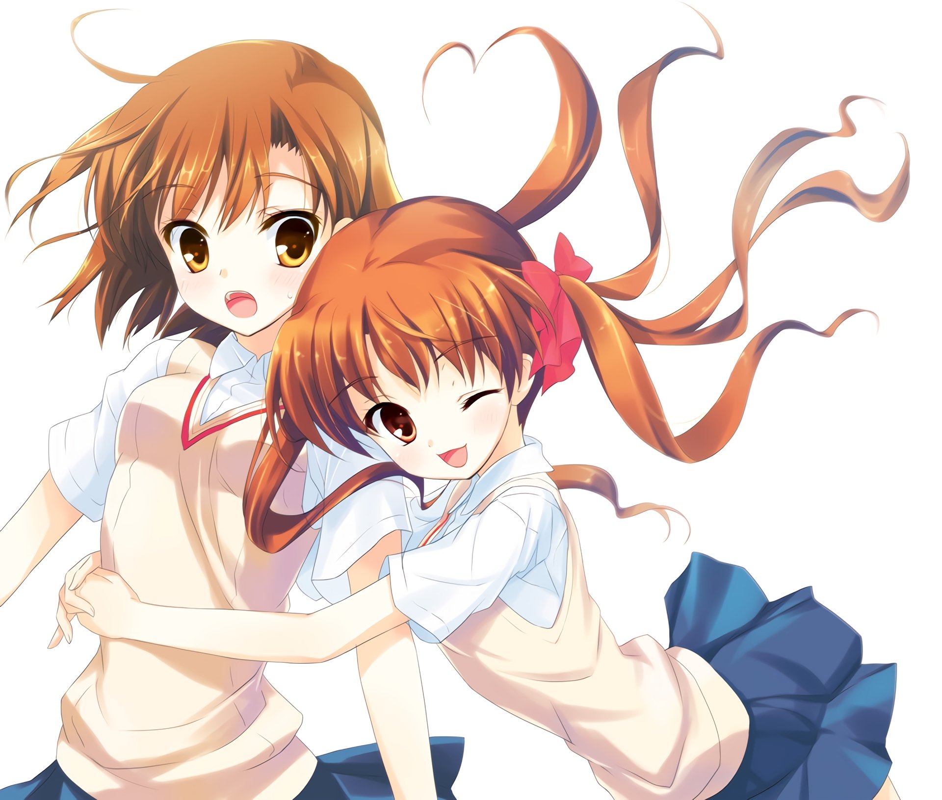 HD PC anime wallpaper of Kuroko Shirai and Mikoto Misaka from A Certain Scientific Railgun, two schoolgirls hugging and smiling—one winking, flowing twin‑tails and a clean white background.
