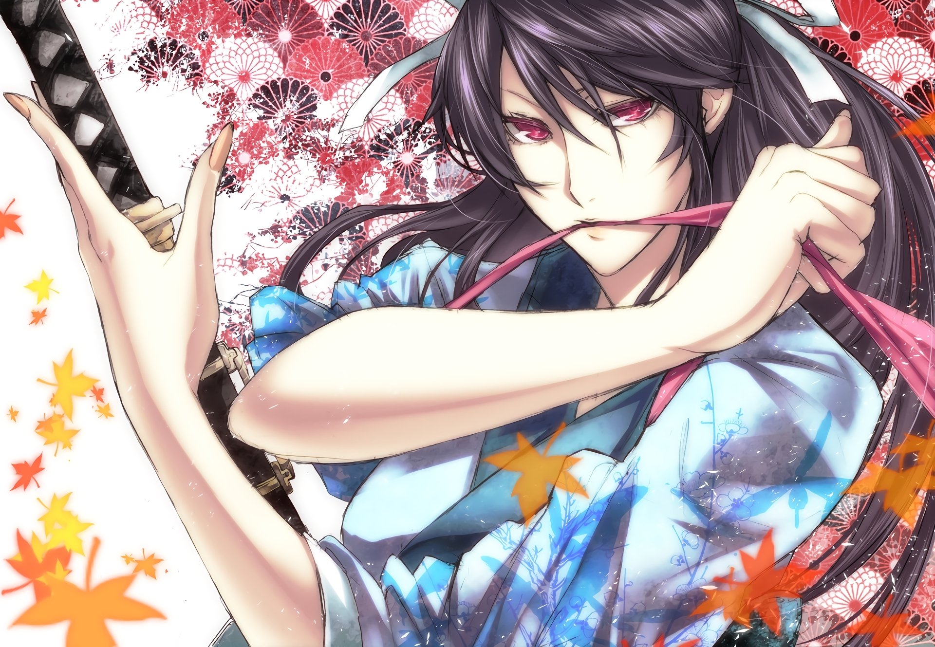 HD PC desktop wallpaper of Kaori Kanzaki from A Certain Magical Index: anime portrait in a blue kimono holding a sword, intense gaze, red floral background with falling maple leaves.