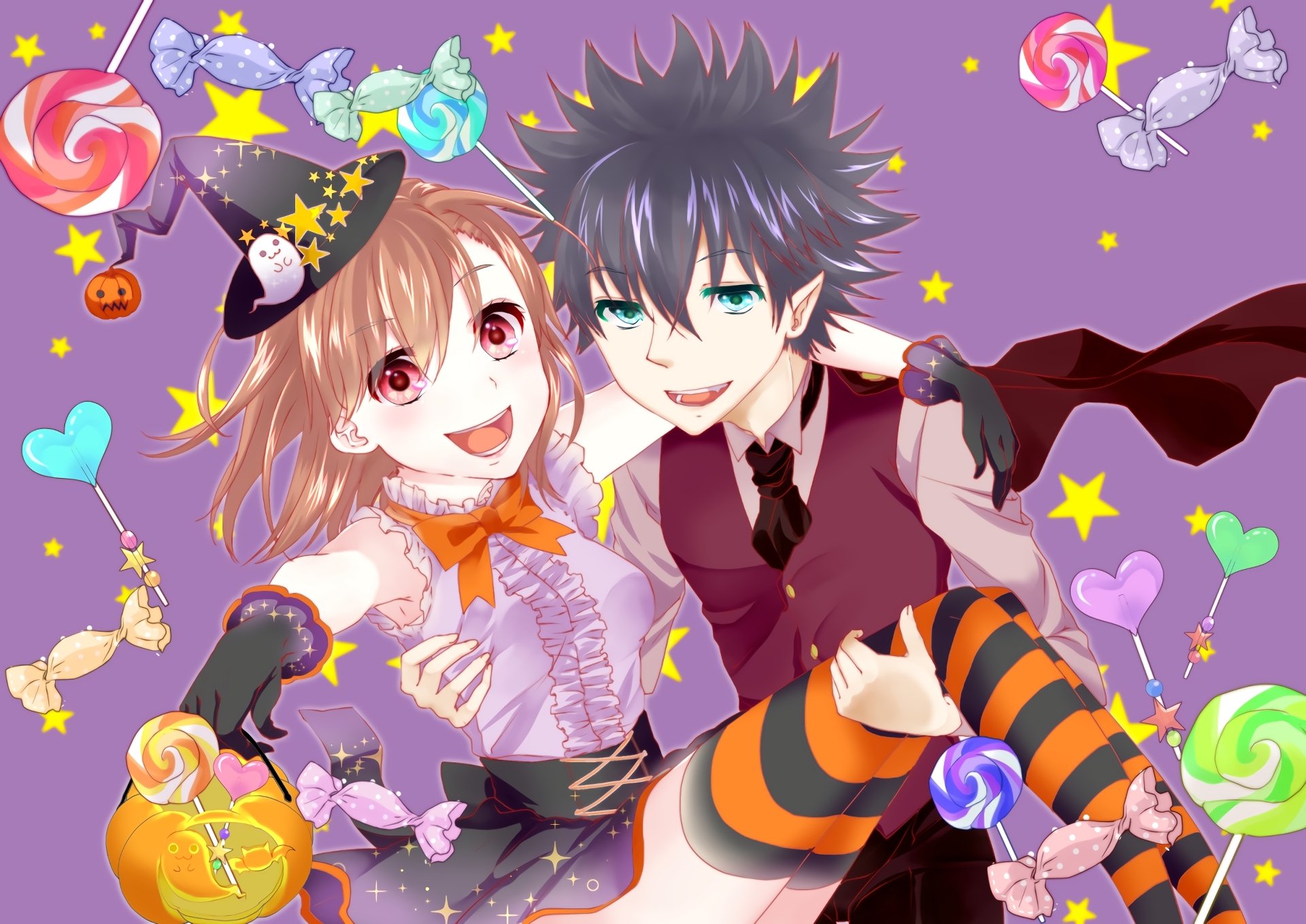 HD anime desktop wallpaper featuring Kamijou Touma and Mikoto Misaka from A Certain Scientific Railgun, dressed in Halloween-themed costumes with colorful sweets and decorations.